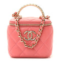 Chanel Lambskin Quilted Crystal Top Handle Mini Vanity Case With Chain Coral