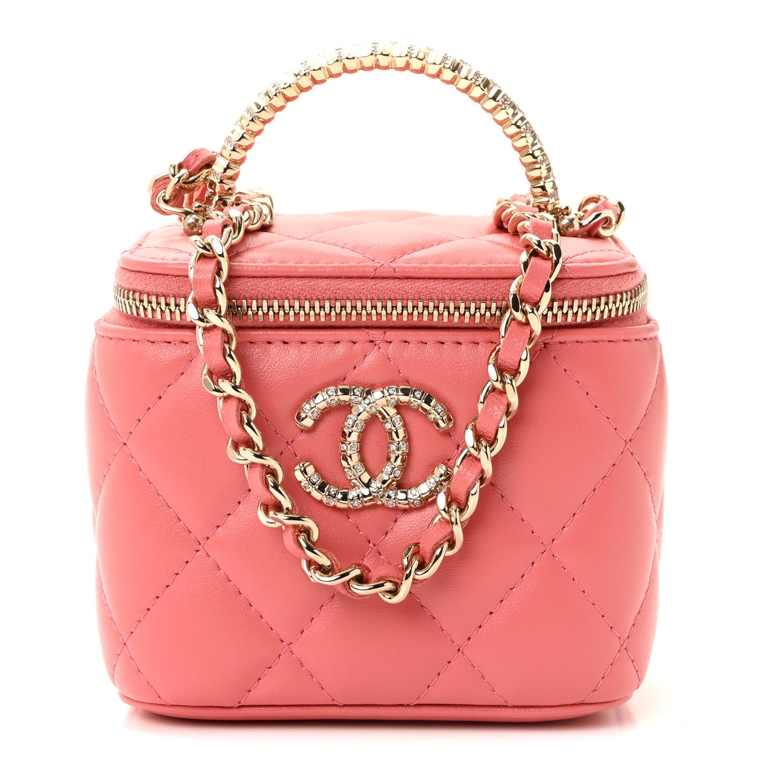 Chanel Lambskin Quilted Crystal Top Handle Mini Vanity Case With Chain Coral