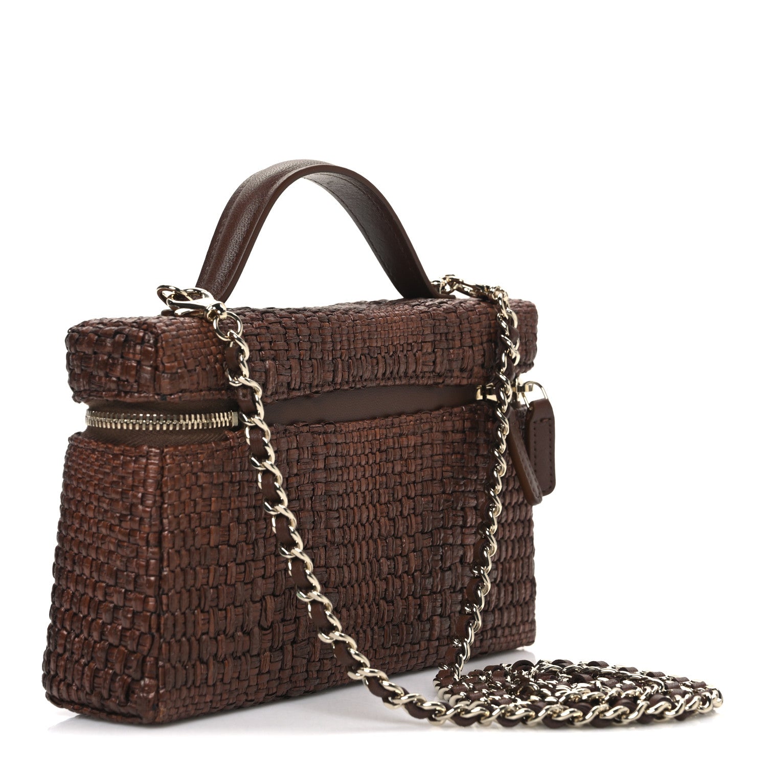 Chanel Braided Raffia Quilted Top Handle Slim Vanity With Chain Brown