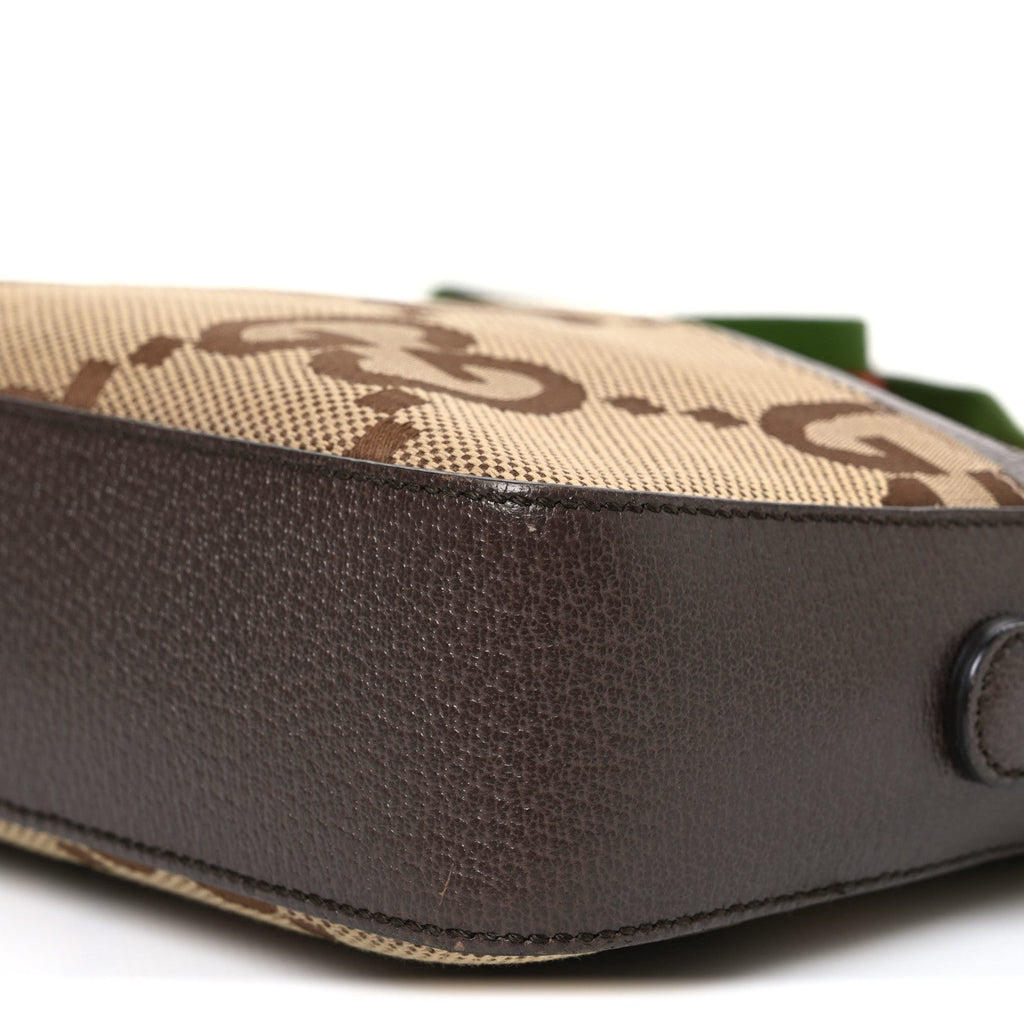 Gucci Monogram Jumbo GG Textured Dollar Calfskin Web Messenger Shoulder Bag Camel Ebony New Acero