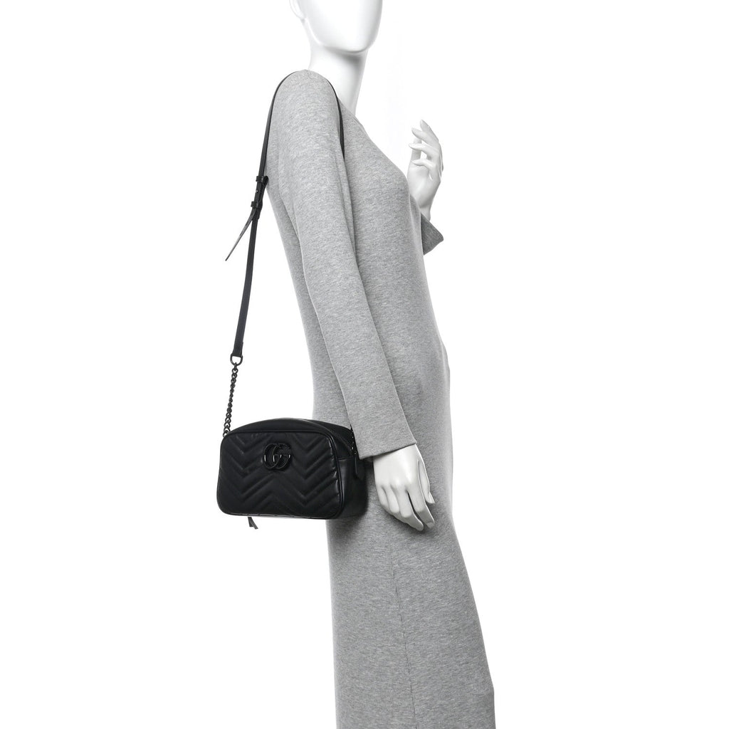 Gucci Calfskin Matelasse Monochrome Small GG Marmont Chain Shoulder Bag Black