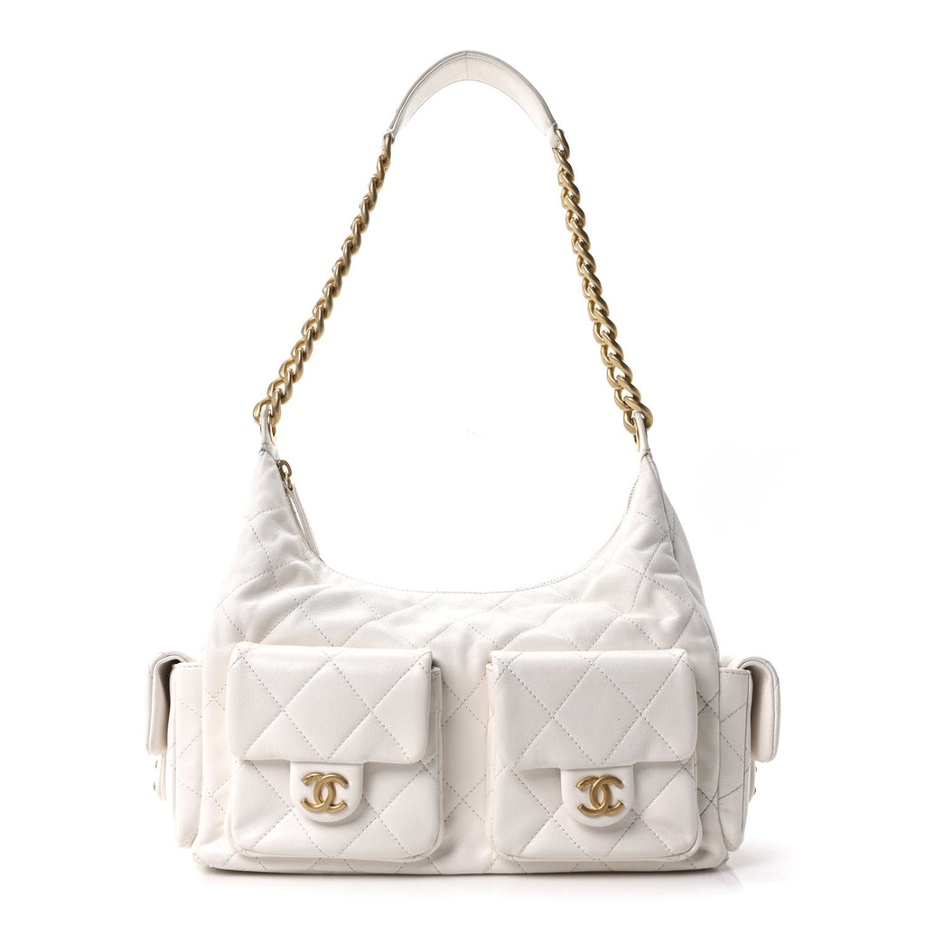 Chanel Shiny Lambskin Quilted Trendy Pockets Hobo White