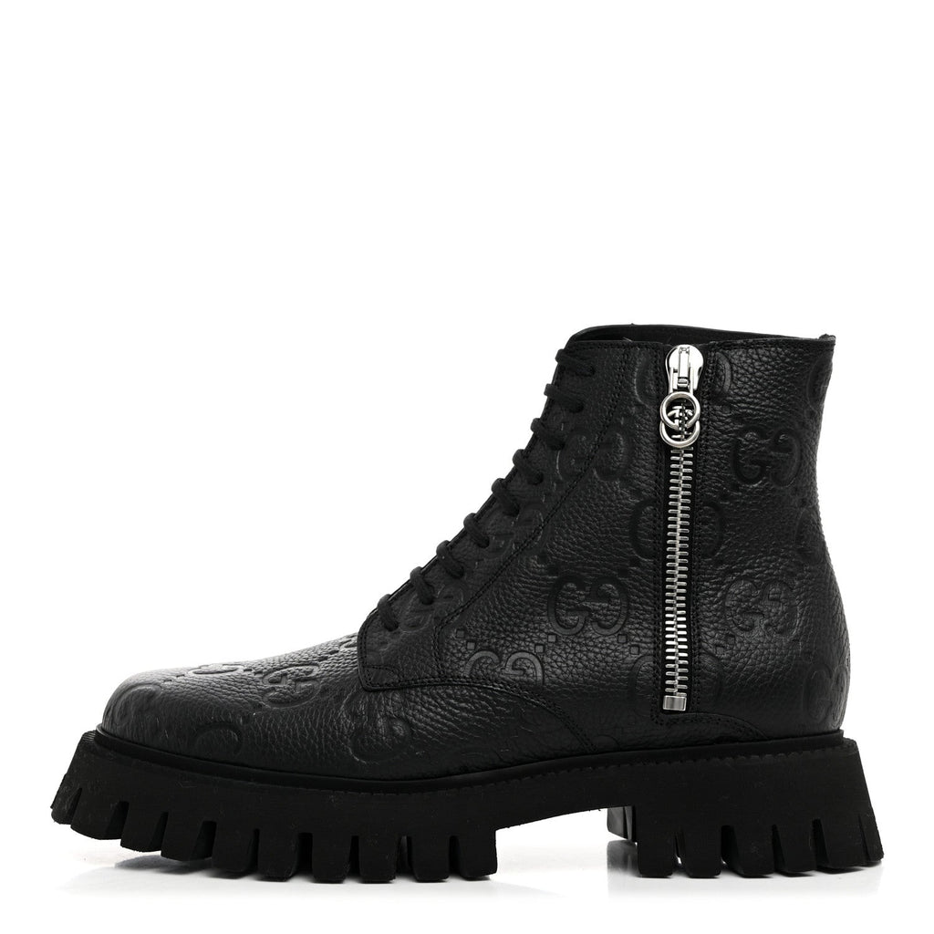 Gucci Calfskin Embossed Monogram Lace Up Ankle Boots 8 Black