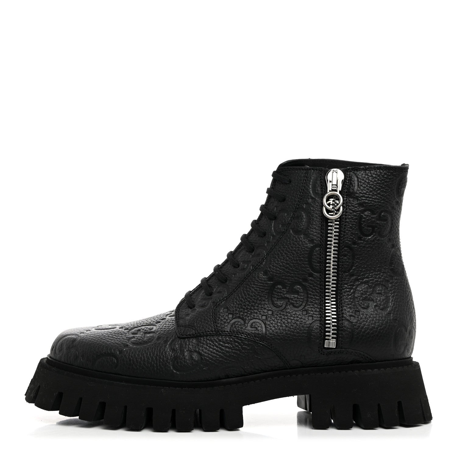 Gucci Calfskin Embossed Monogram Lace Up Ankle Boots 8 Black