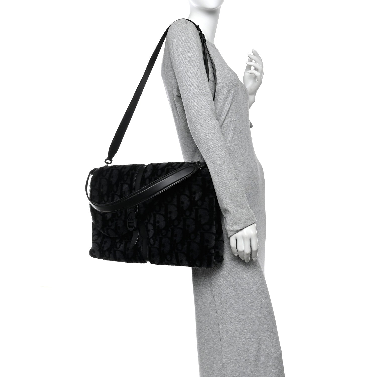 Christian Dior Oblique Mink Fur Saddle Soft Bag Dark Grey