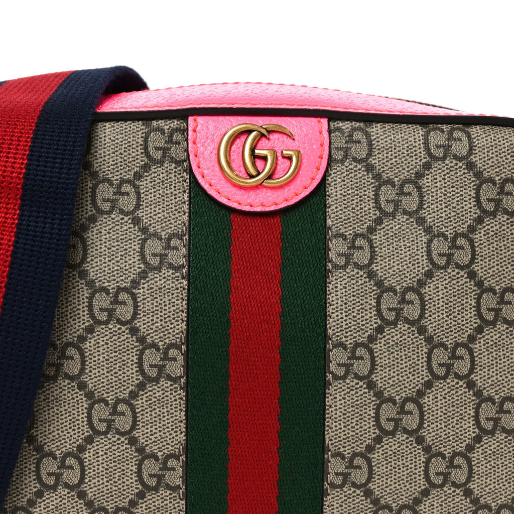 Gucci GG Supreme Monogram Textured Dollar Calfskin Web Ophidia Small Crossbody Bag Beige Ebony Fuchsia