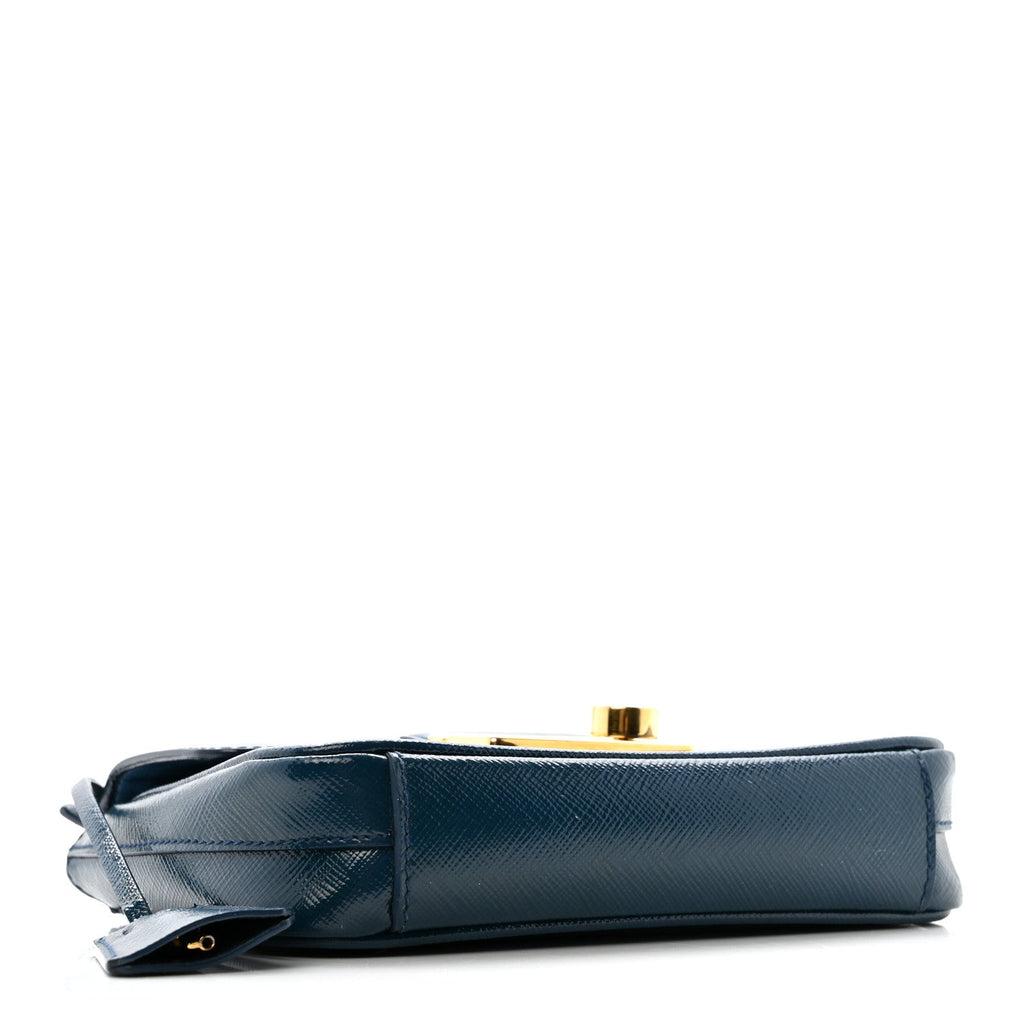 Prada Saffiano Vernice Lock Flap Chain Bag Azzurro