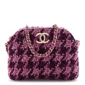Chanel Tweed Quilted Mini Clutch With Chain Purple