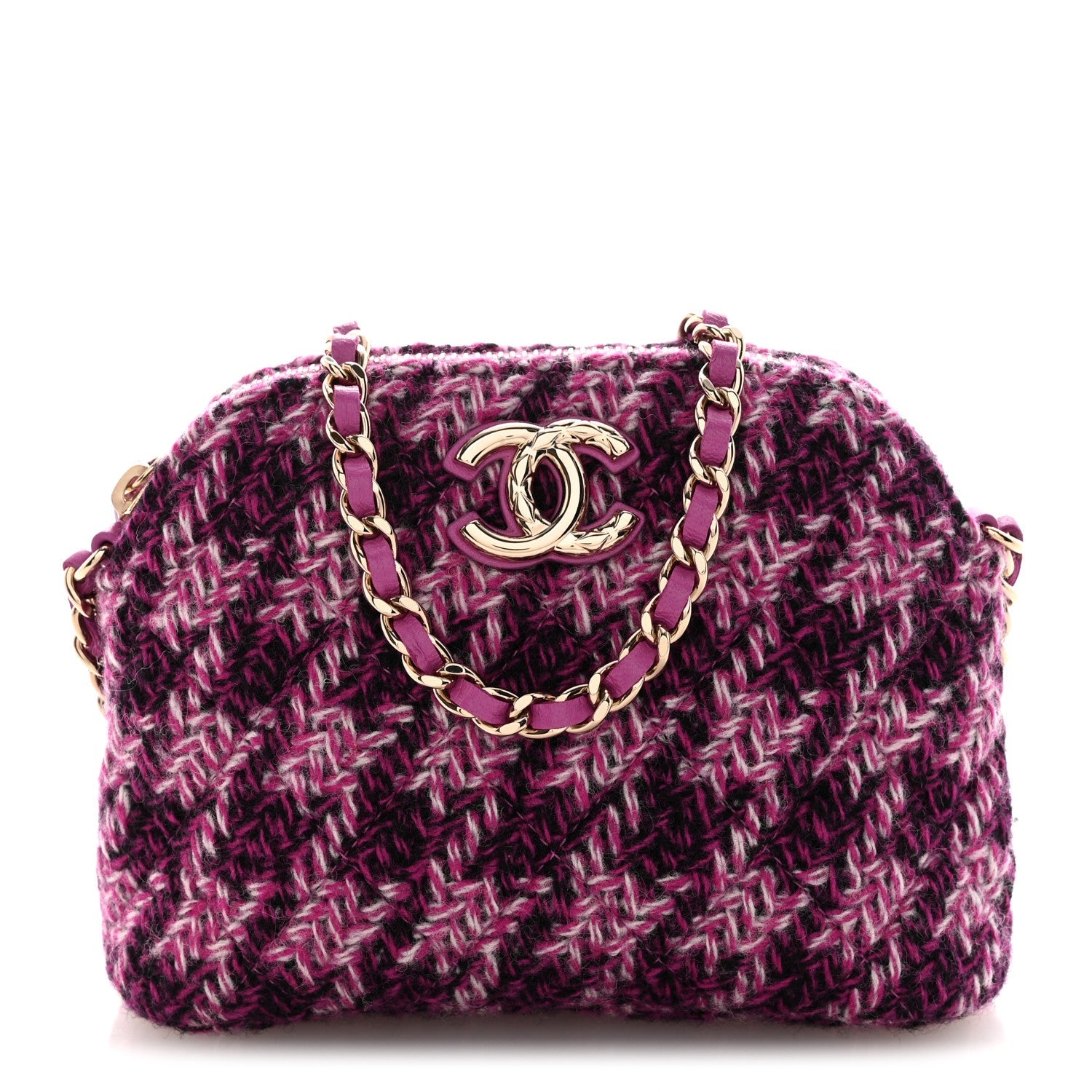 Chanel Tweed Quilted Mini Clutch With Chain Purple