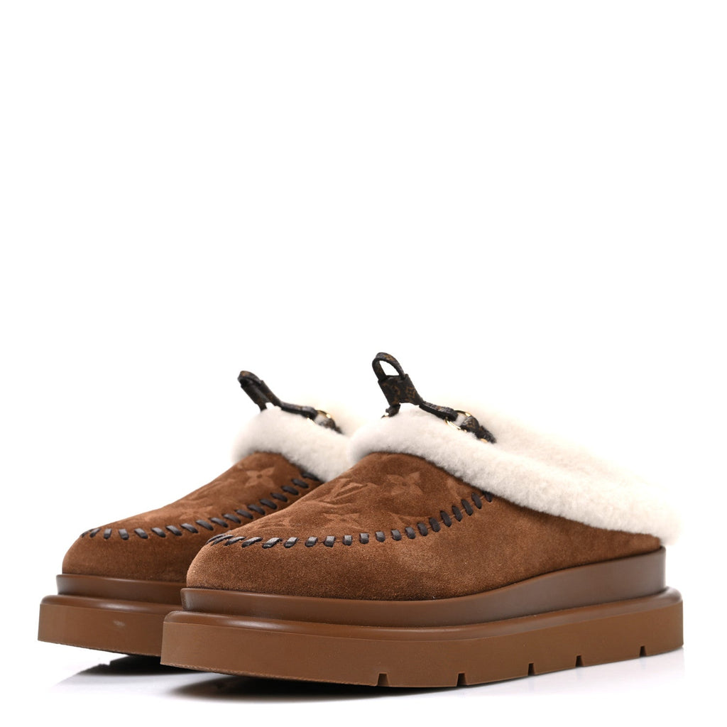 Louis Vuitton Suede Calfskin Shearling Monogram Debossed Cortina Closed Mule 38 Light Beige
