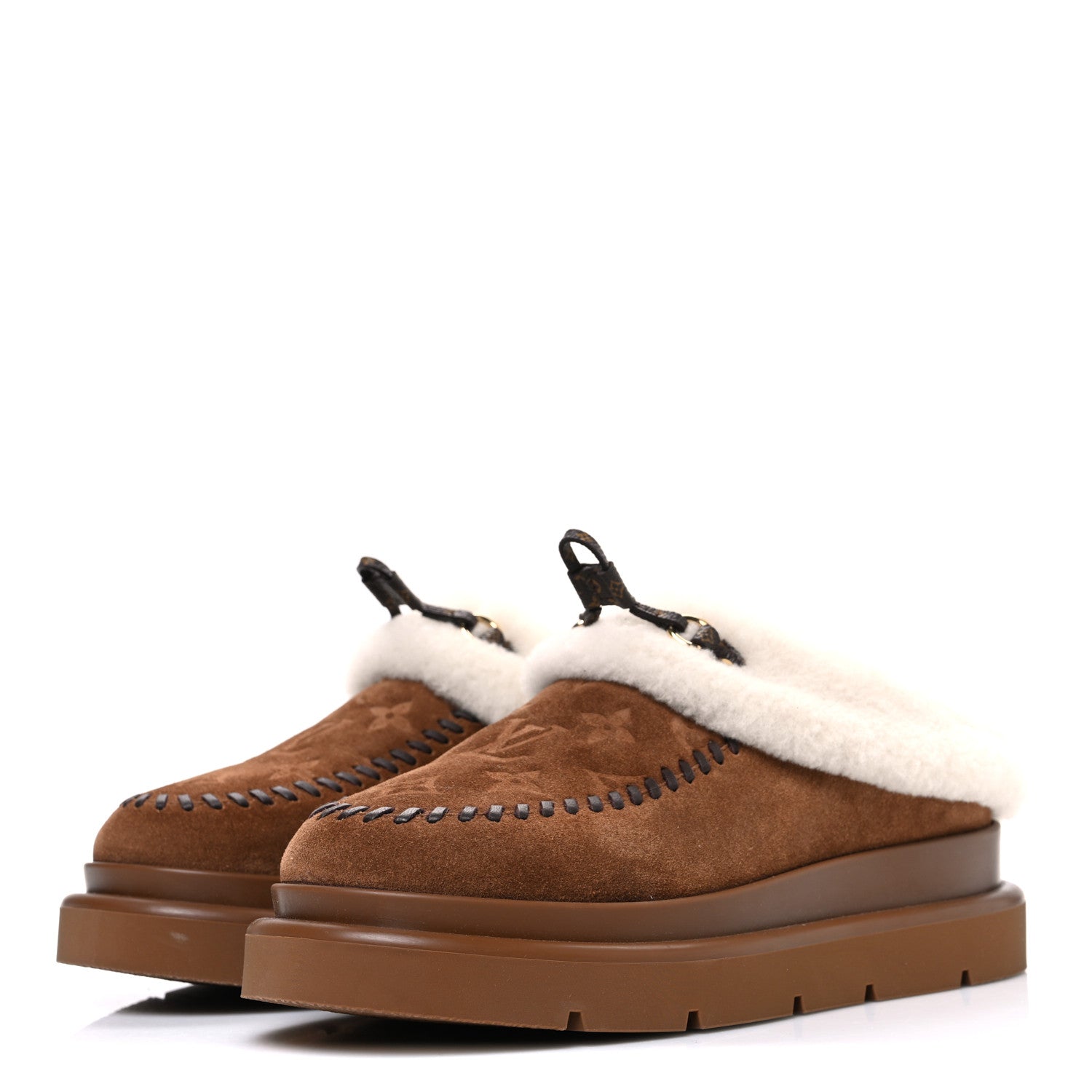 Louis Vuitton Suede Calfskin Shearling Monogram Debossed Cortina Closed Mule 38 Light Beige