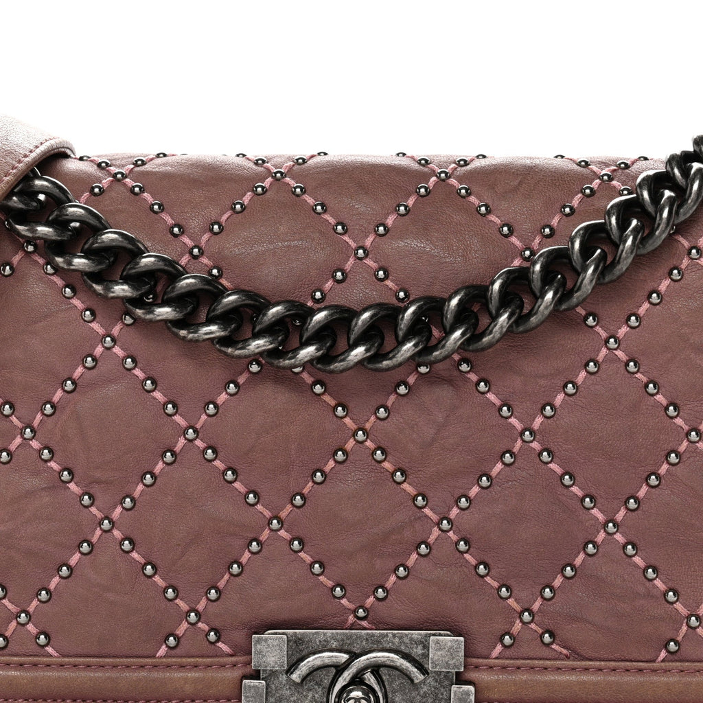 Chanel Crumpled Lambskin Medium Studded Boy Flap Pink