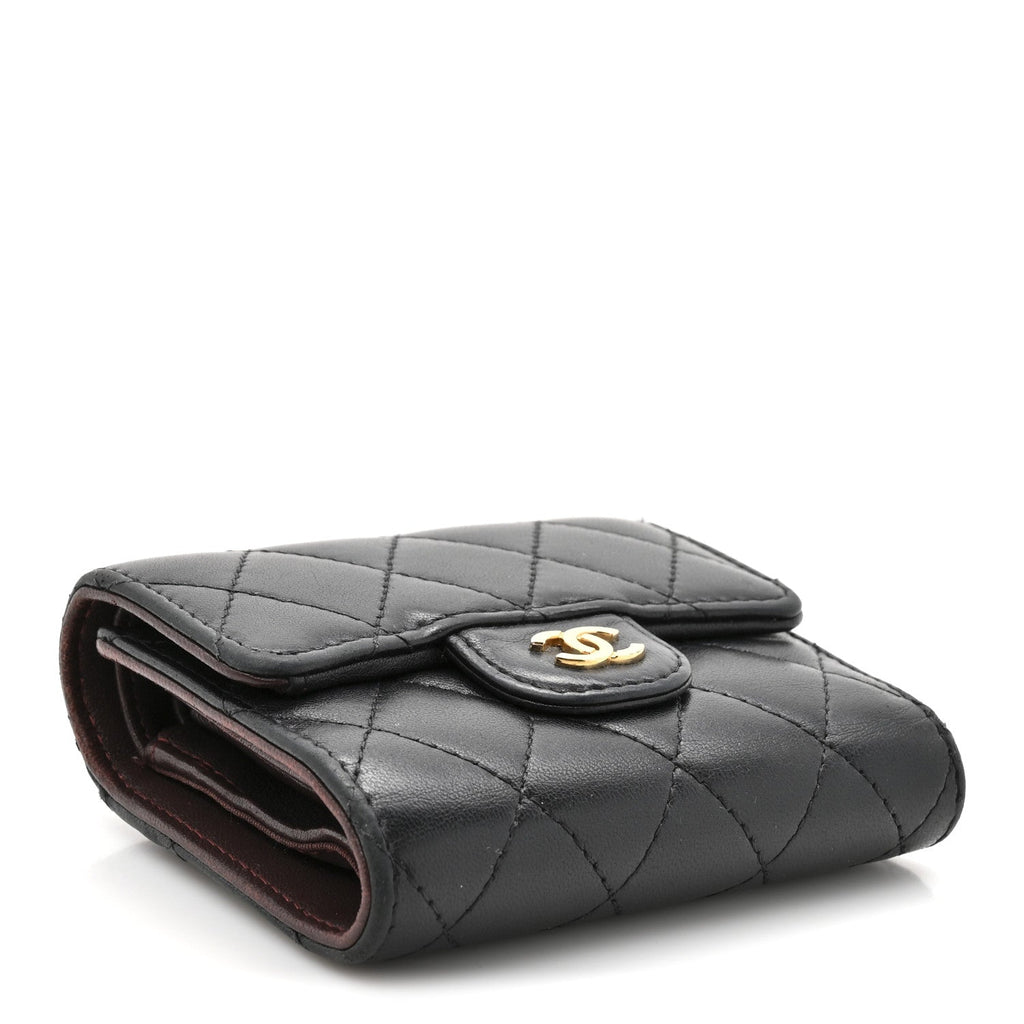 Lambskin Quilted Compact Flap Wallet Black