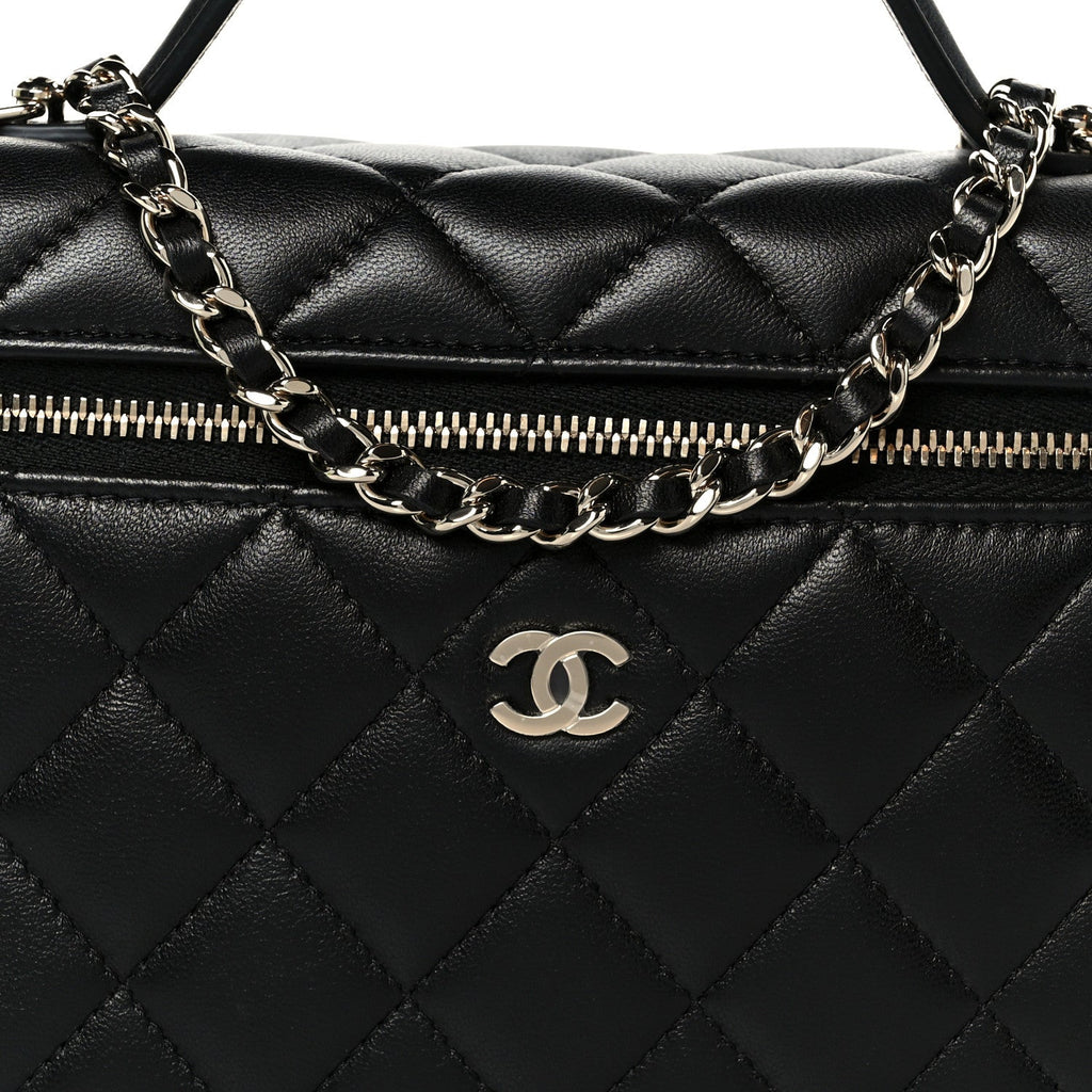 Lambskin Quilted Top Handle Slim Vanity With Chain Black
