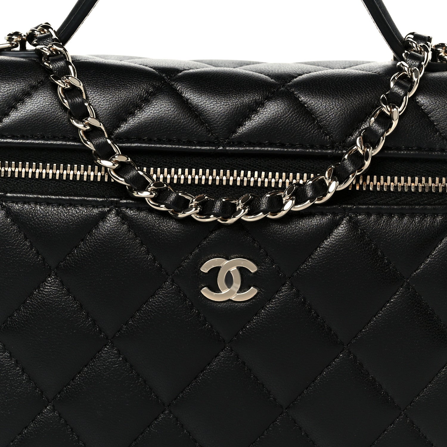 Lambskin Quilted Top Handle Slim Vanity With Chain Black