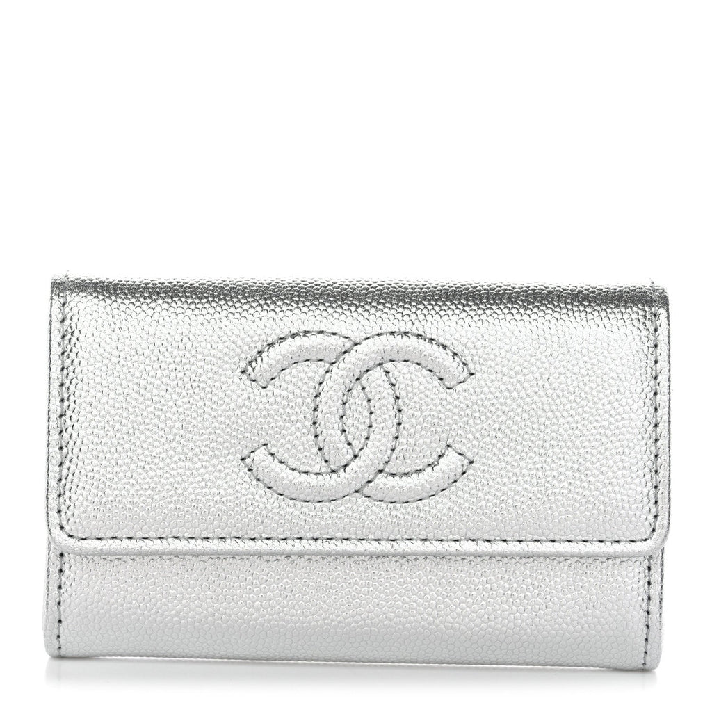 Metallic Caviar Timeless CC Flap Card Holder Silver