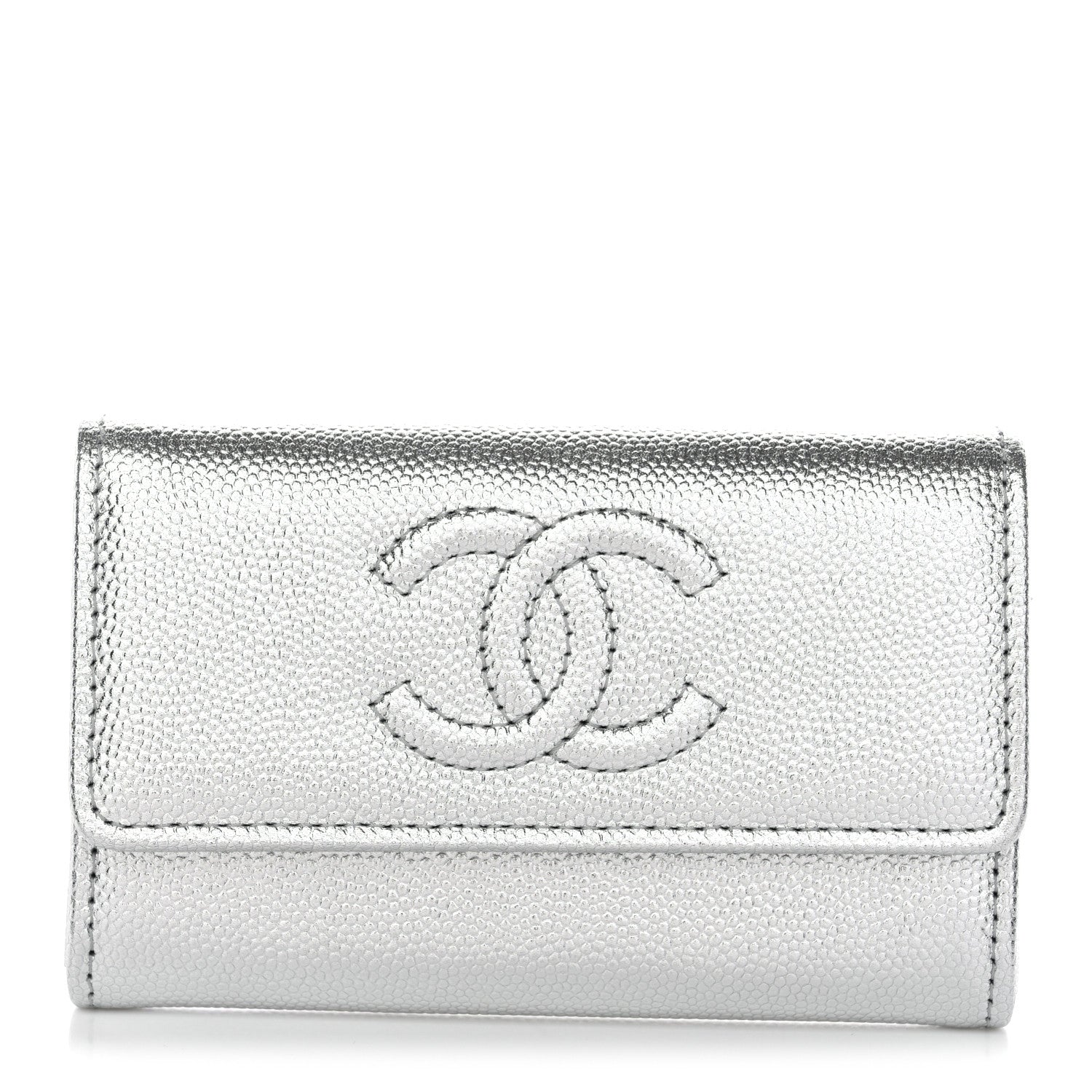 Metallic Caviar Timeless CC Flap Card Holder Silver