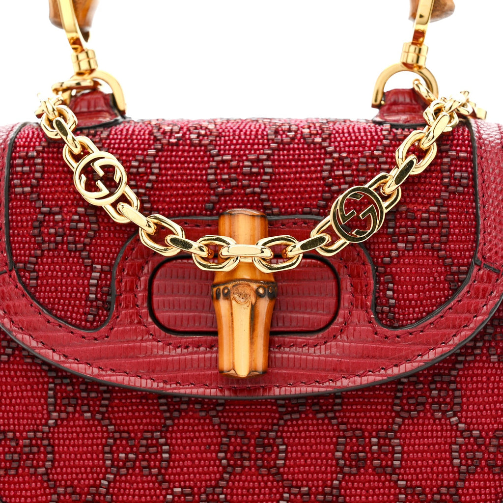 Gucci Moire Fabric Calfskin Rhinestone Monogram Monochrome Lizard Embossed Mini Bamboo 1947 Top Handle Chain Bag Red