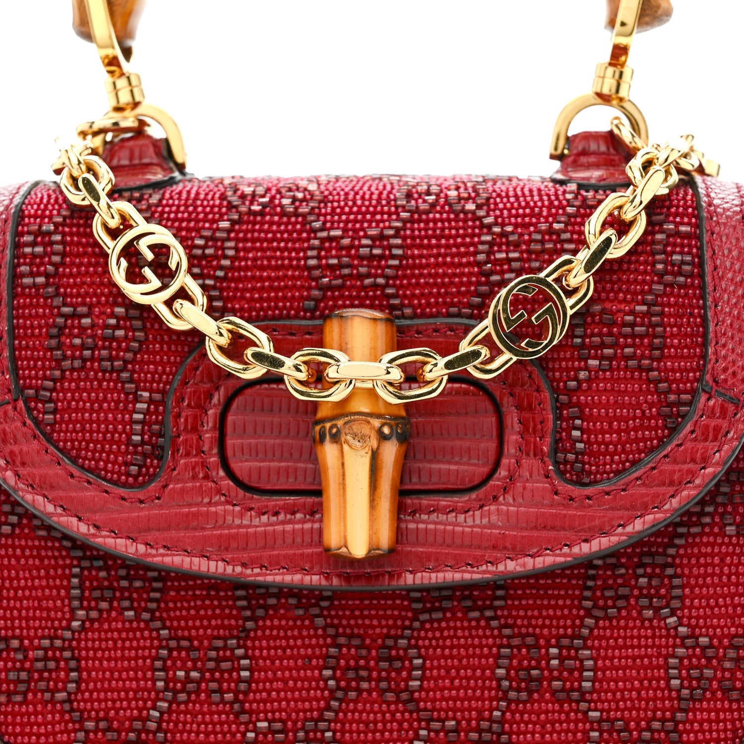 Gucci Moire Fabric Calfskin Rhinestone Monogram Monochrome Lizard Embossed Mini Bamboo 1947 Top Handle Chain Bag Red