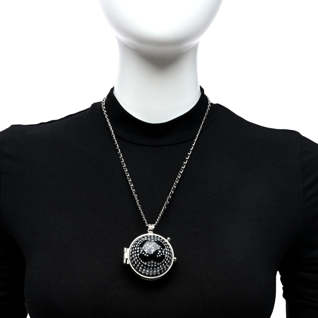 Resin Crystal Lambskin Ball Mirror Necklace Black Silver