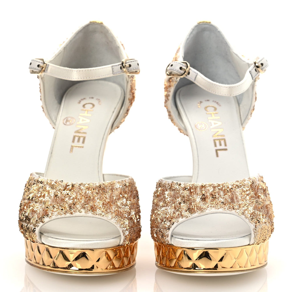Metallic Sequin Peep Toe Pumps 37.5 Light Gold White