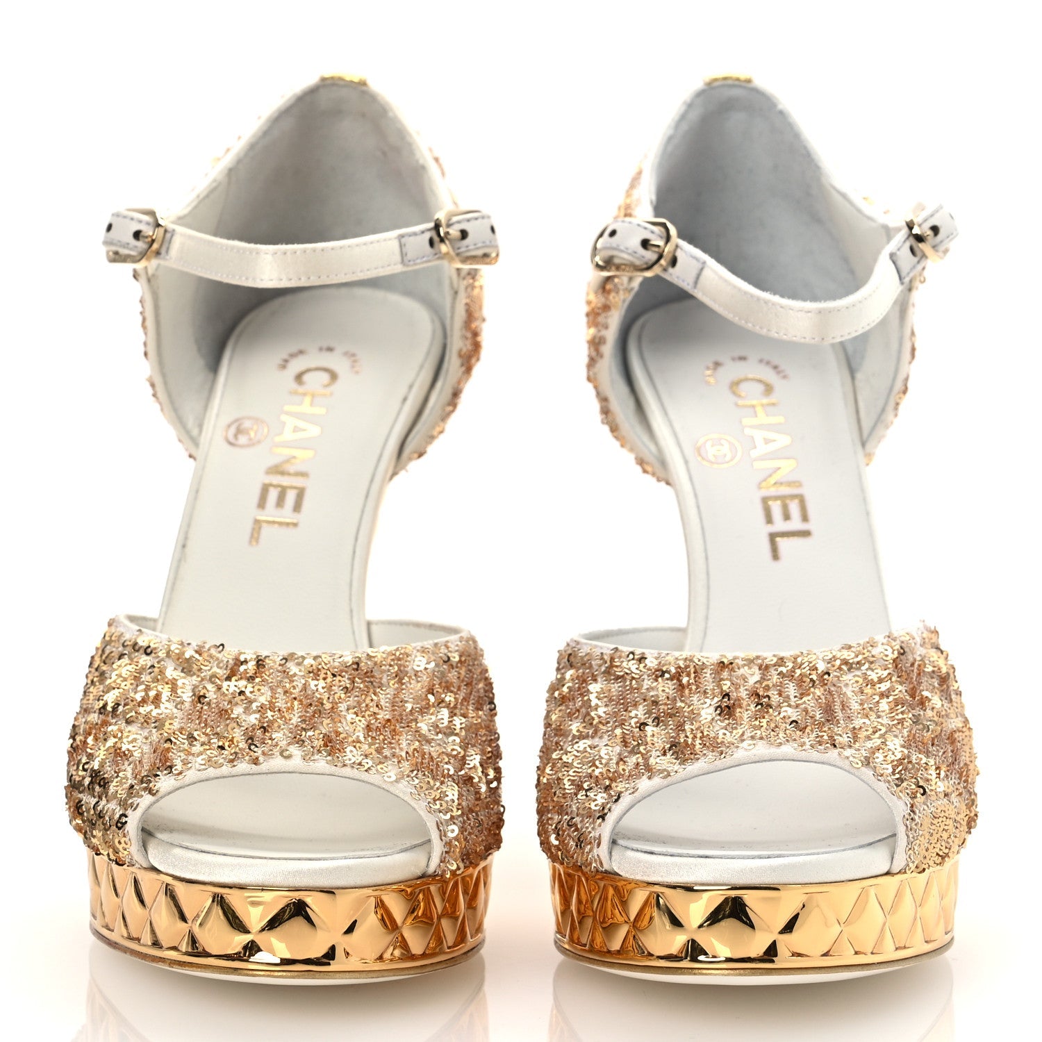 Metallic Sequin Peep Toe Pumps 37.5 Light Gold White