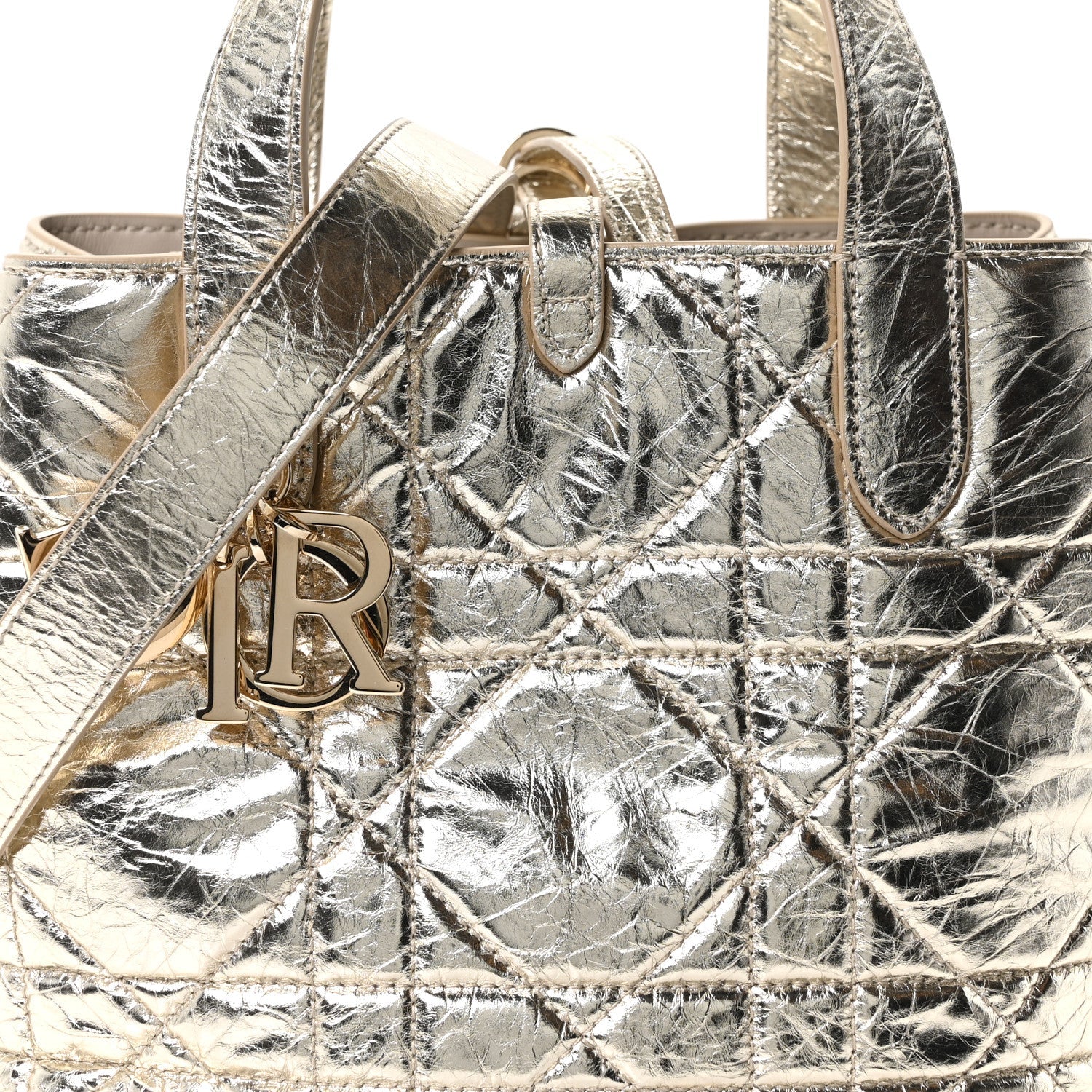 Christian Dior Metallic Calfskin Macrocannage Small Toujours Vertical Tote Gold