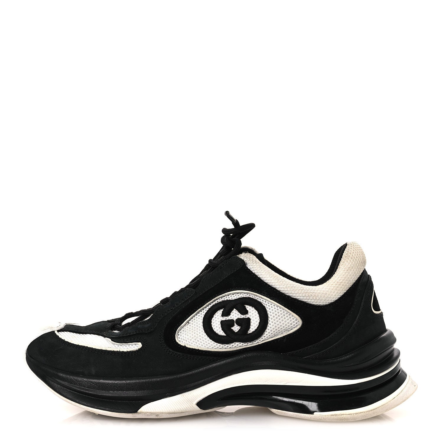 Gucci Technical Knit Fabric Suede Calfskin Womens Gucci Run Sneakers 38 Black White