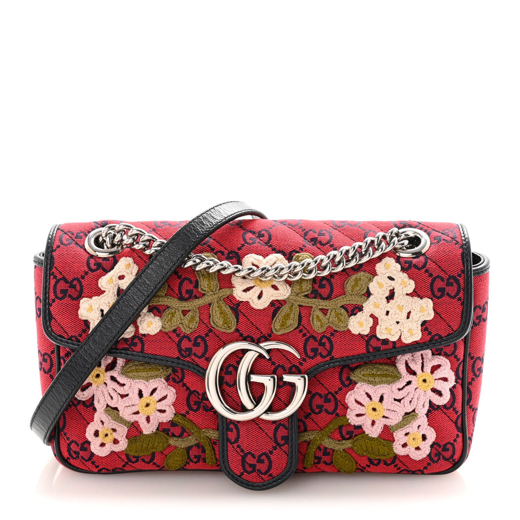 Gucci Monogram Multicolor Matelasse Diagonal Floral Embroidered Super Mini GG Marmont Shoulder Bag Red Blue Multicolor