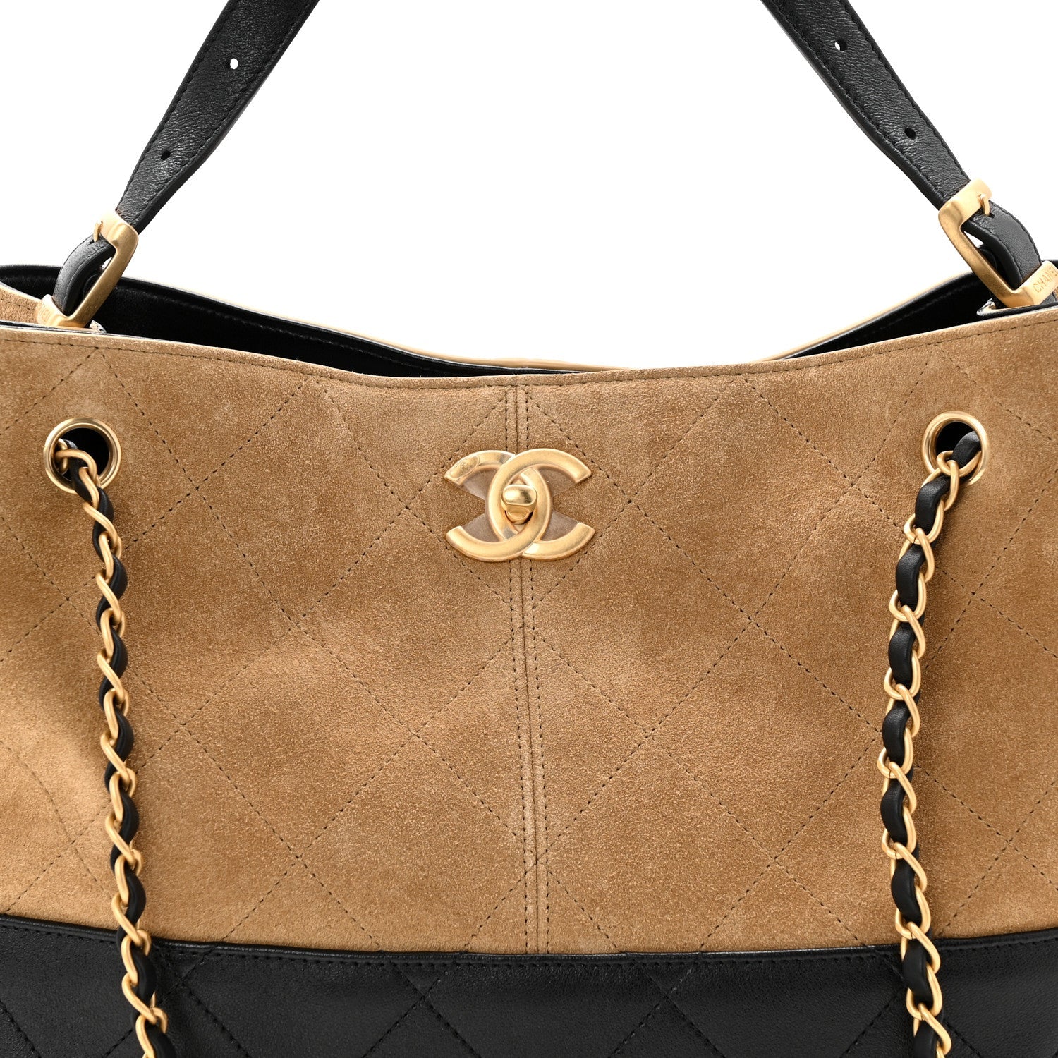 Chanel Suede Calfskin Shiny Lambskin Quilted Small Coco Base Shopping Bag Beige Black