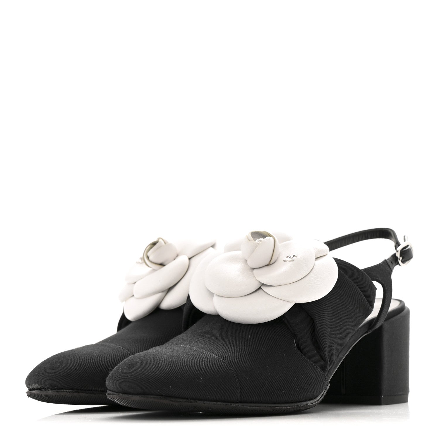 Grosgrain Lambskin Cap Toe Camellia Bow Slingback Pumps 37.5 Black