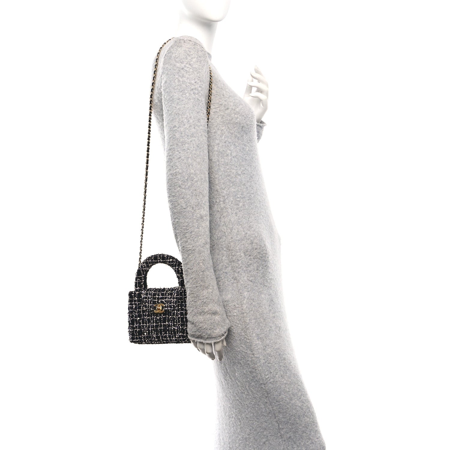 Chanel Tweed Quilted Nano Kelly Shopper Black White