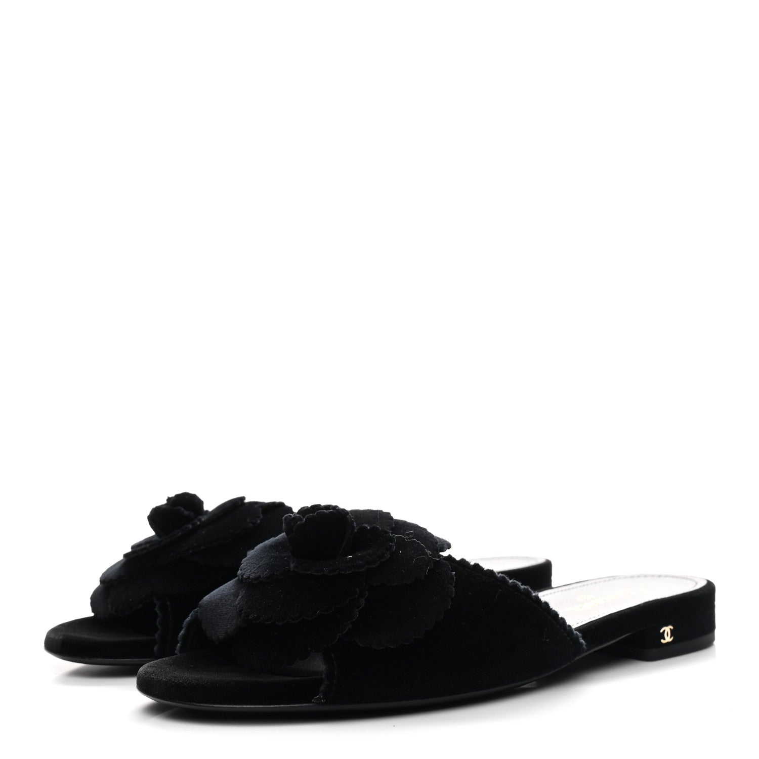 Chanel Velvet Pearl Camellia Slide Sandals 37 Black