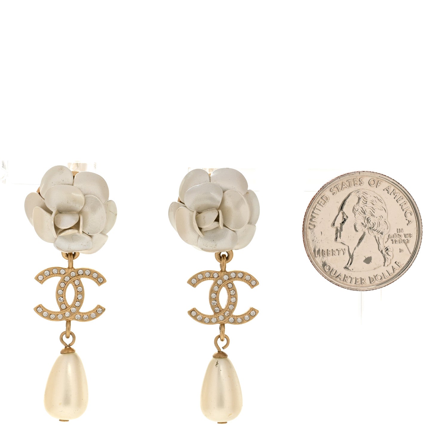 Metal Crystal Pearl 90s Camellia CC Drop Earrings Gold