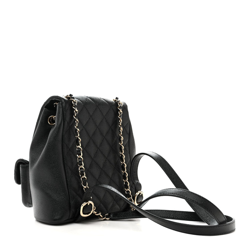 Chanel Shiny Caviar Quilted Medium Duma Pockets Drawstring Backpack Black