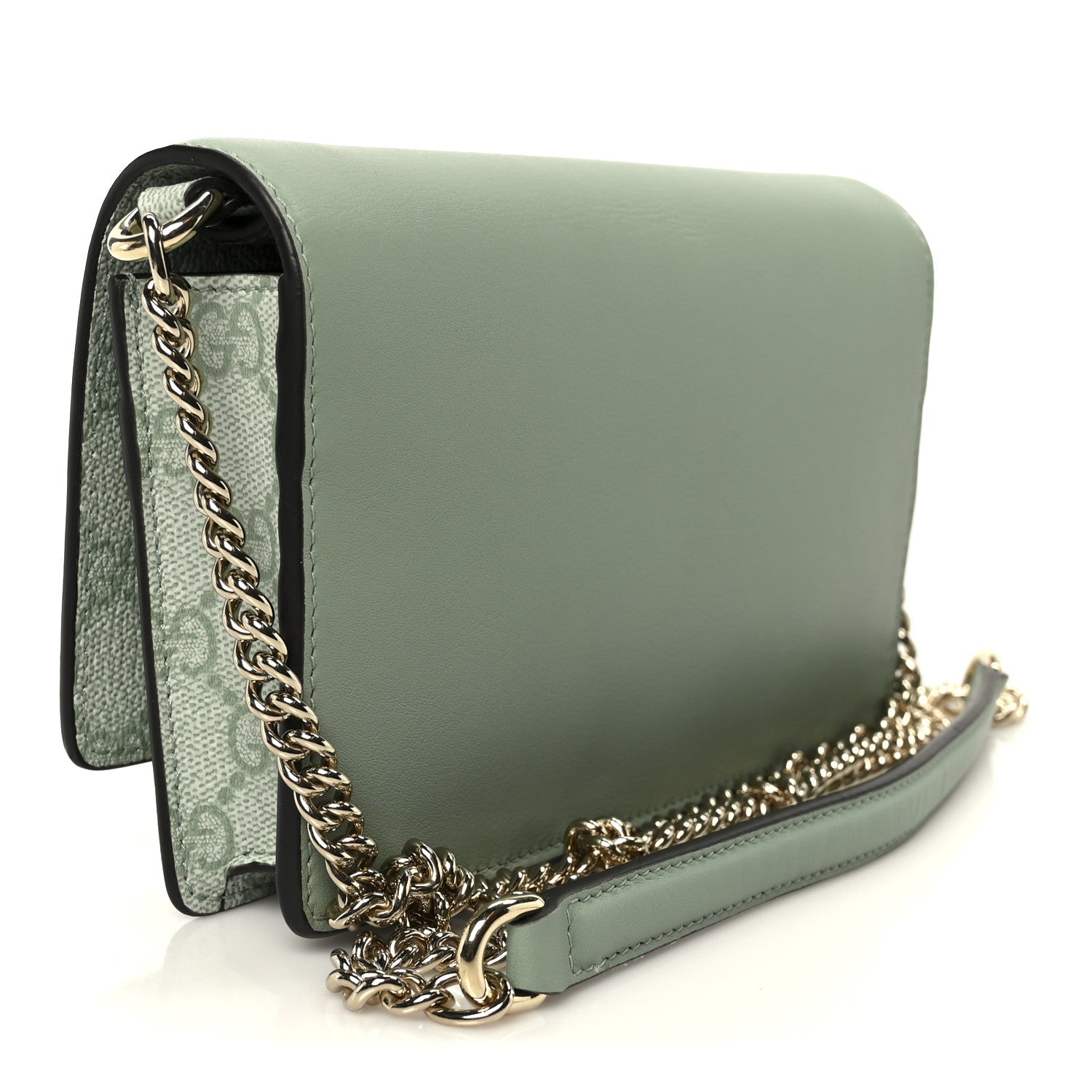 Gucci GG Supreme Monogram Textured Calfskin Emblem Wallet On Chain Sage Green