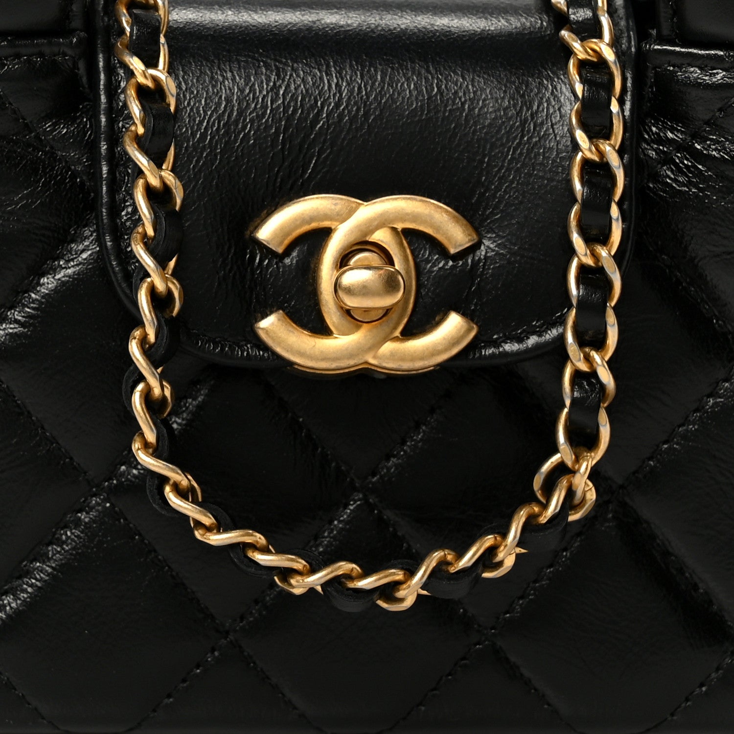 Chanel Shiny Aged Calfskin Quilted Mini Nano Kelly Shopper Black