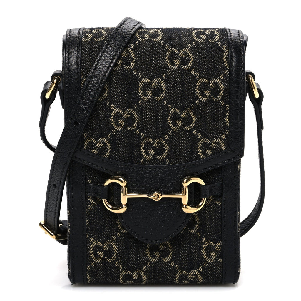 Gucci Jacquard Black Denim GG Monogram Textured Dollar Calfskin Mini Horsebit 1955 Crossbody Bag Black Ivory