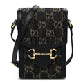 Gucci Jacquard Black Denim GG Monogram Textured Dollar Calfskin Mini Horsebit 1955 Crossbody Bag Black Ivory