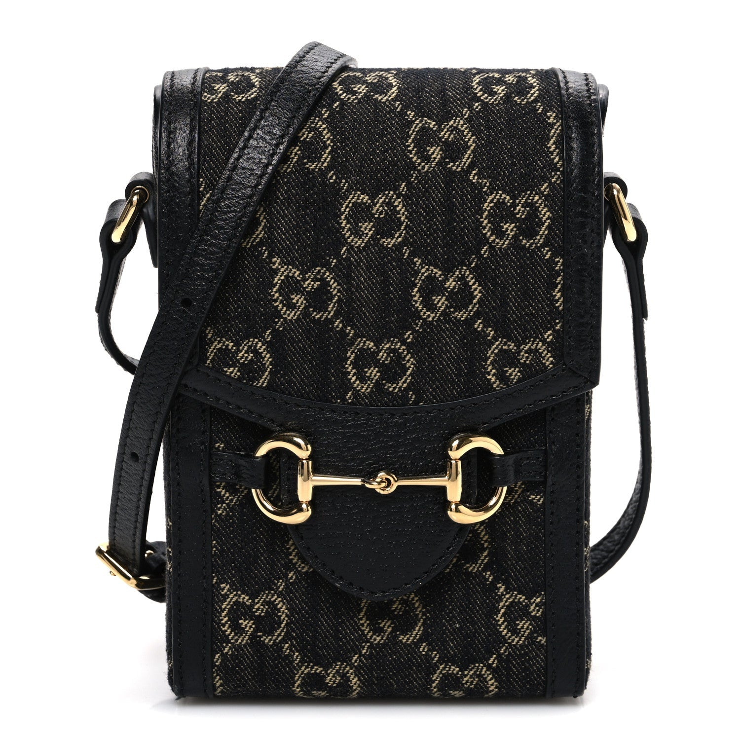 Gucci Jacquard Black Denim GG Monogram Textured Dollar Calfskin Mini Horsebit 1955 Crossbody Bag Black Ivory