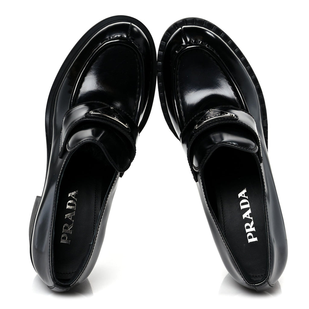 Prada Spazzolato Metal Triangle Logo 85mm Loafers 40 Black