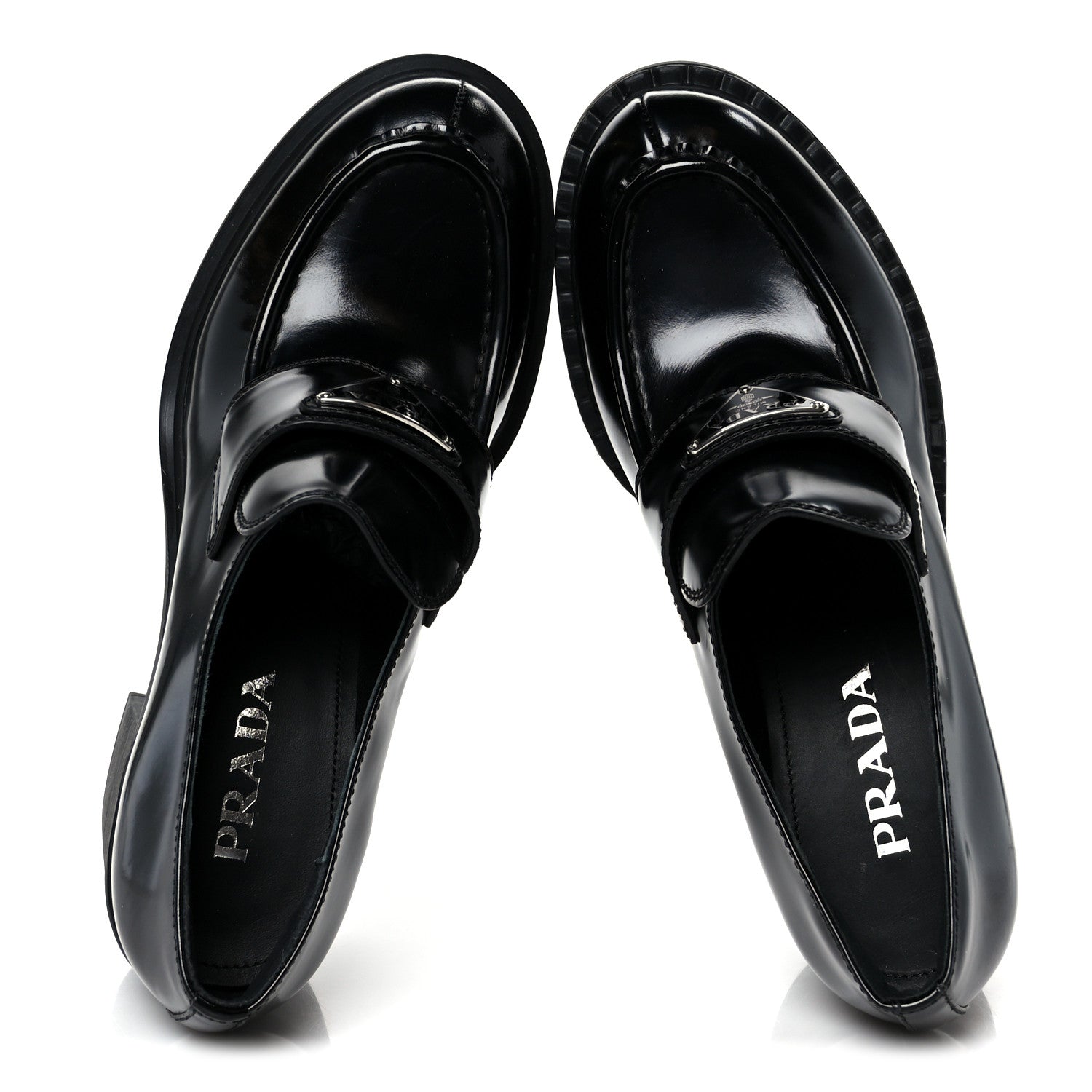 Prada Spazzolato Metal Triangle Logo 85mm Loafers 40 Black