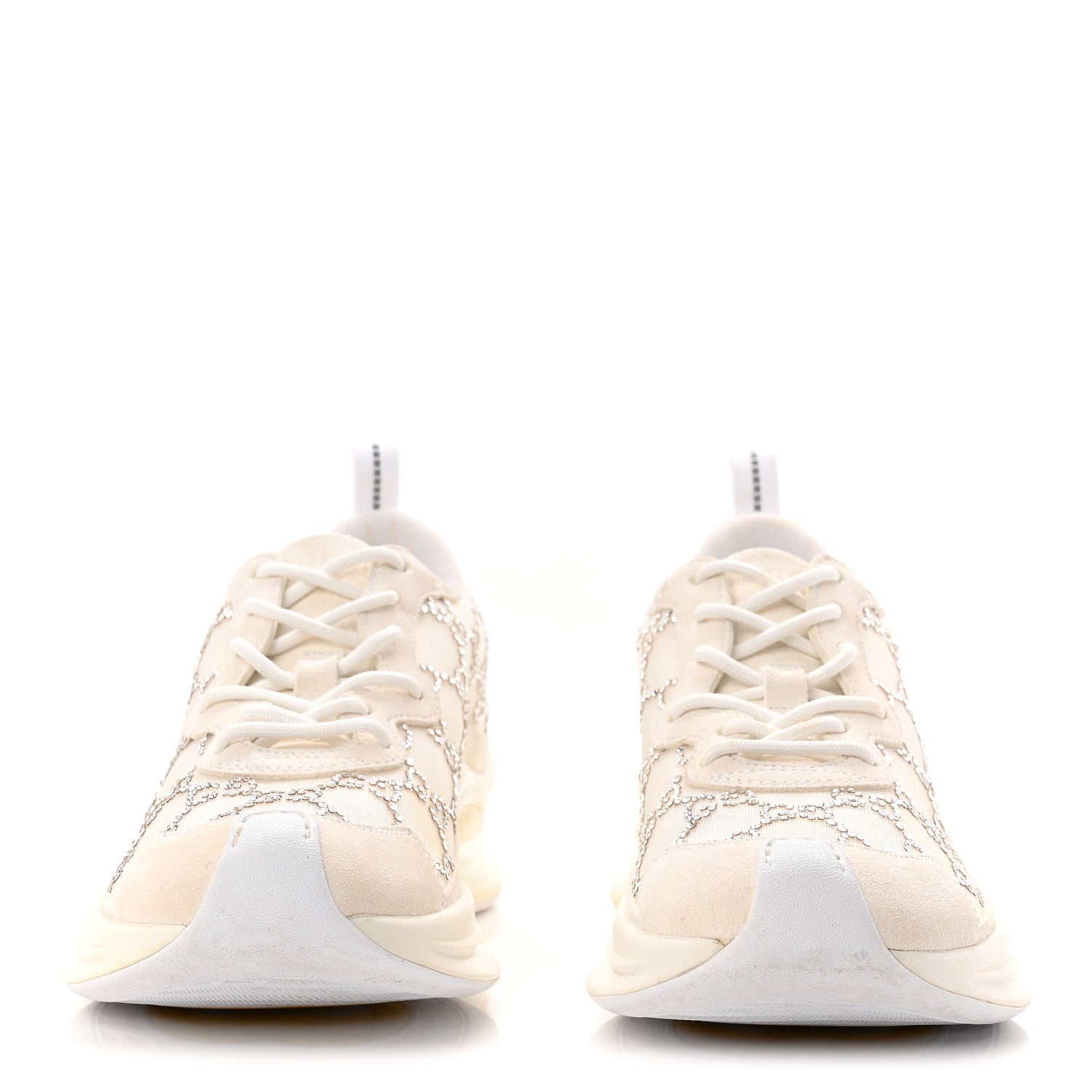 Gucci Tela Retino Mesh Crystal Suede GG Monogram Womens Gucci Run Sneakers 37.5 Off White Silver