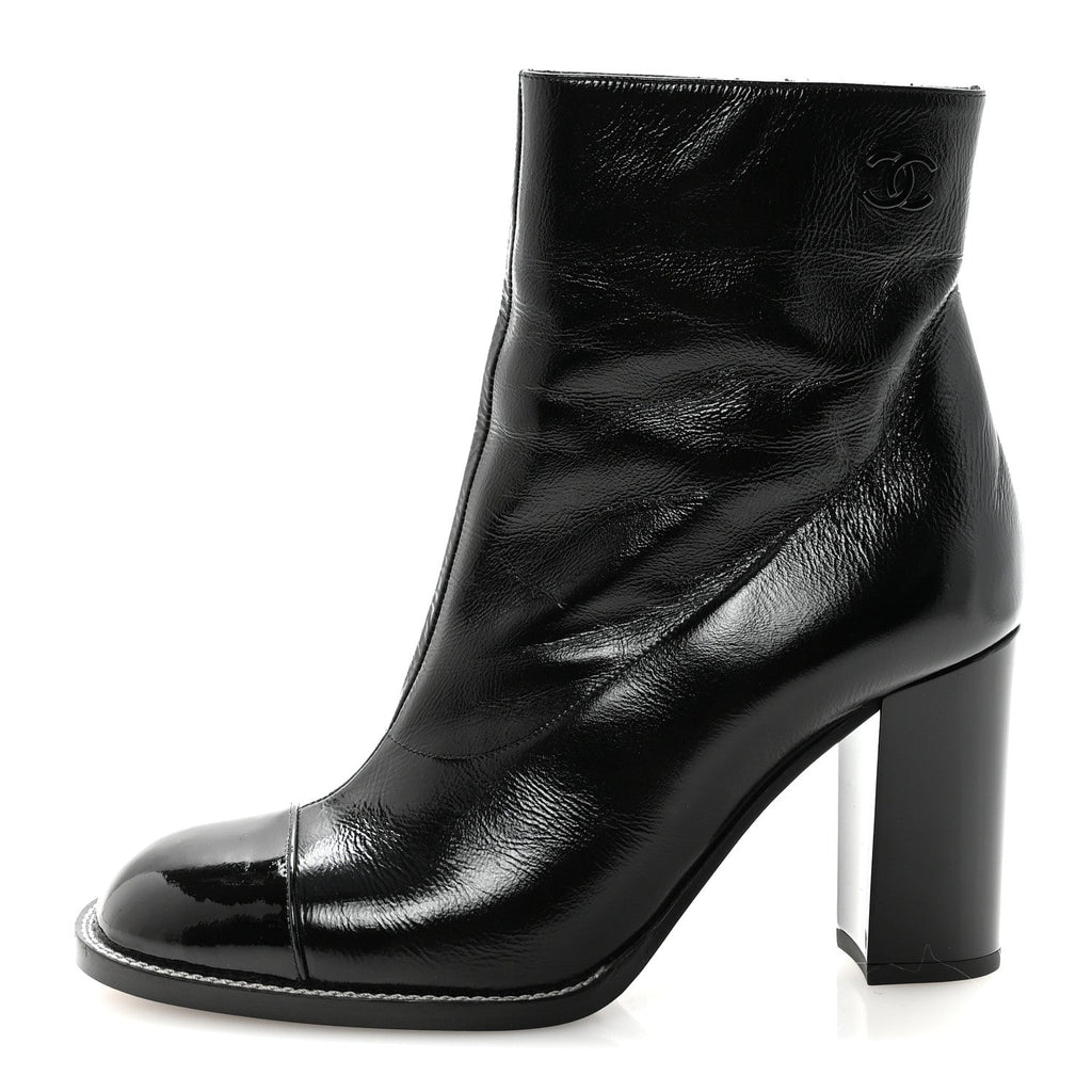 Chanel Shiny Calfskin Patent Cap Toe CC Short Boots 38.5 Black