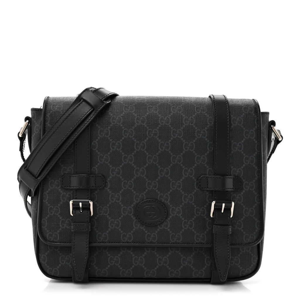 Gucci GG Supreme Monogram Textured Dollar Calfskin Retro Interlocking G Flap Messenger Bag Black