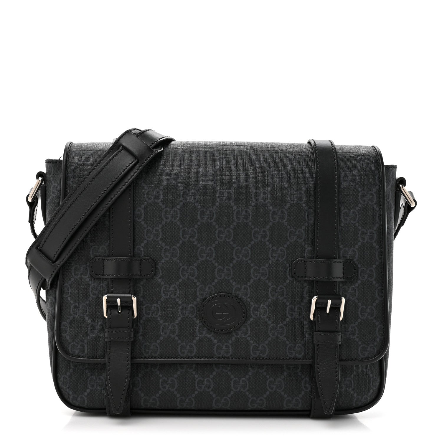 Gucci GG Supreme Monogram Textured Dollar Calfskin Retro Interlocking G Flap Messenger Bag Black