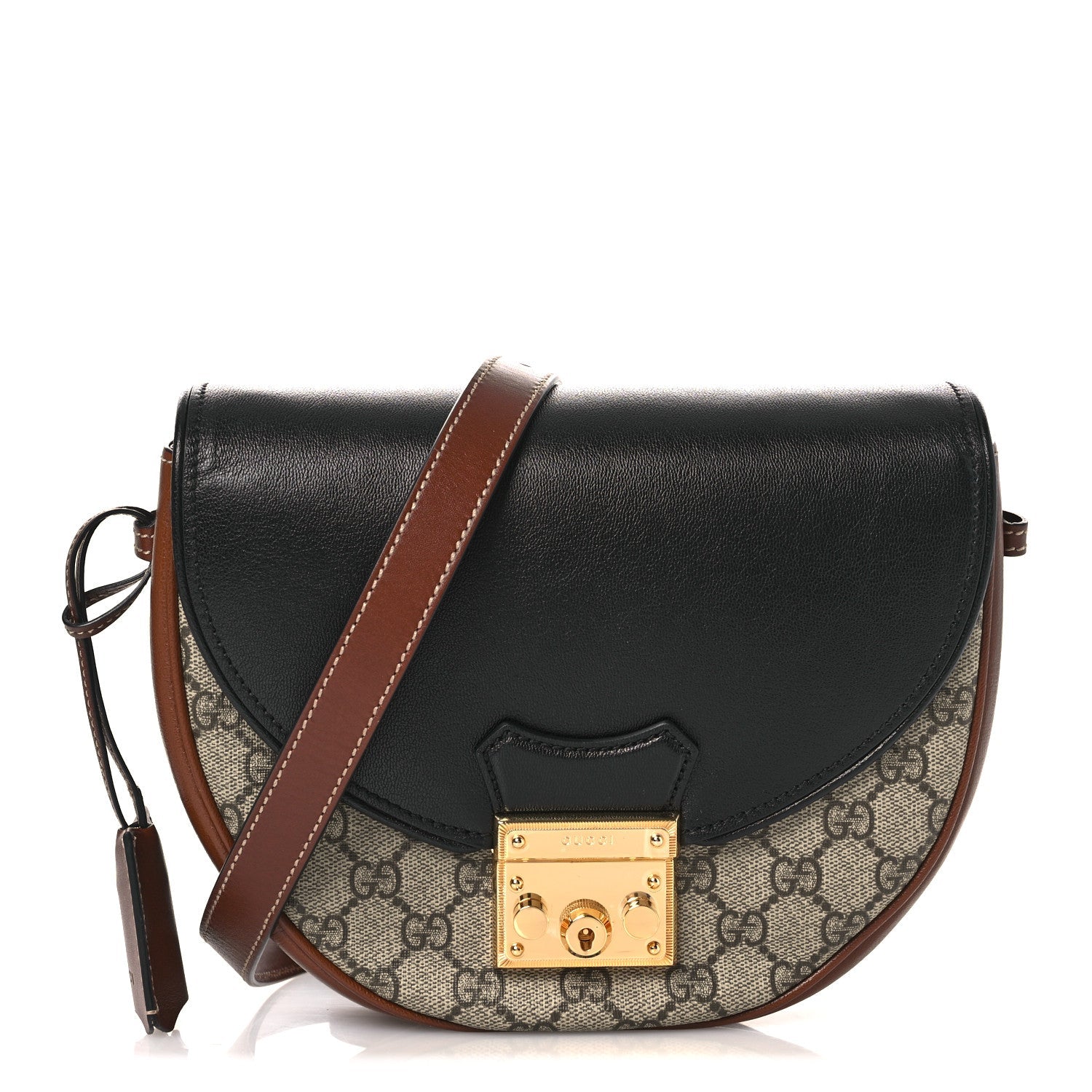 Gucci GG Supreme Monogram Calfskin Small Padlock Messenger Shoulder Bag Beige Black Cuir