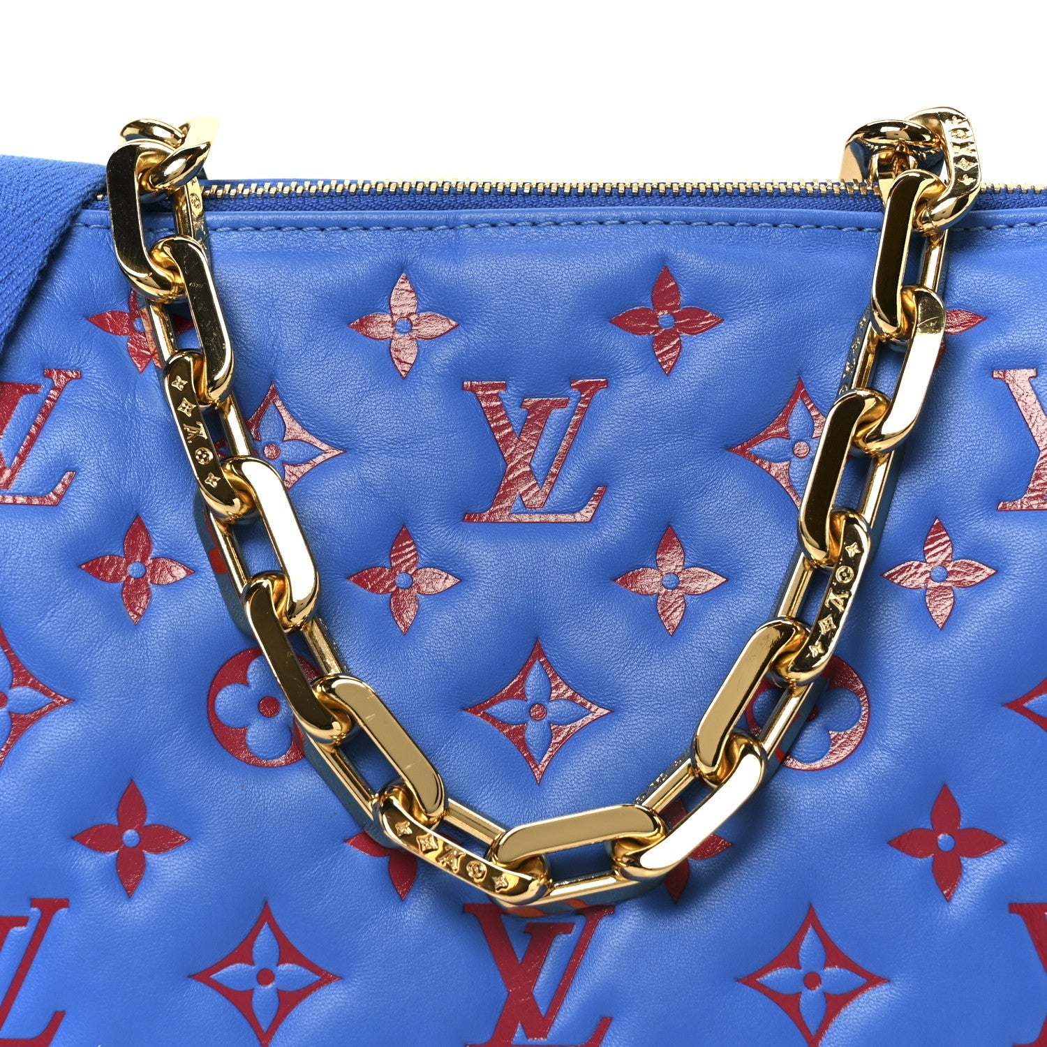 Louis Vuitton Lambskin Embossed Monogram Vuittamins Coussin PM Blue Red