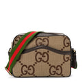 Gucci Monogram Jumbo GG Textured Dollar Calfskin Web Messenger Shoulder Bag Camel Ebony New Acero