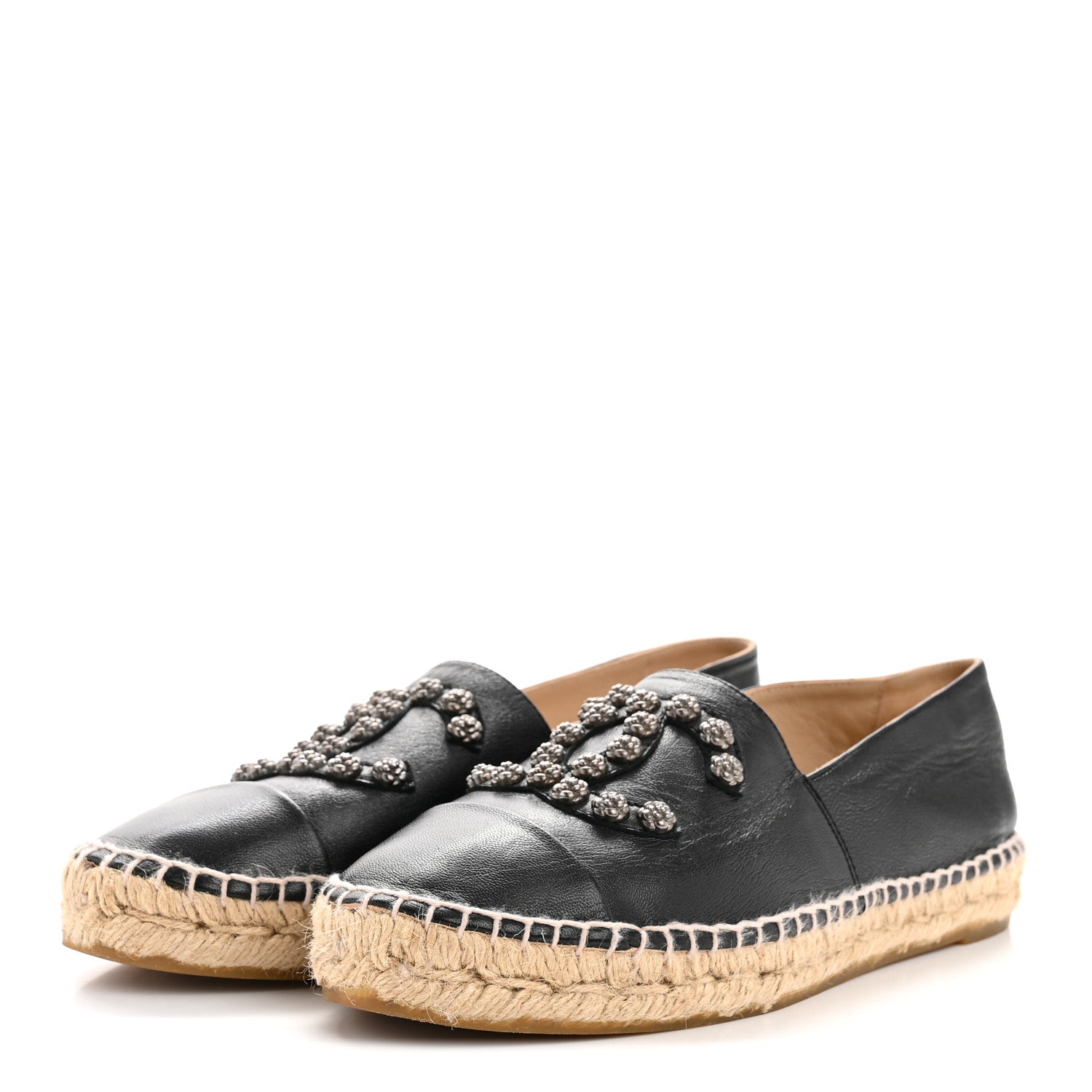 Lambskin Camellia CC Stud Espadrilles 39 Black